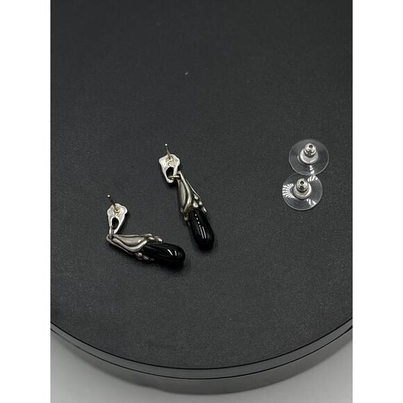 White Gold Posts black dangle earrings Silver tone caps - Picture 3 of 14